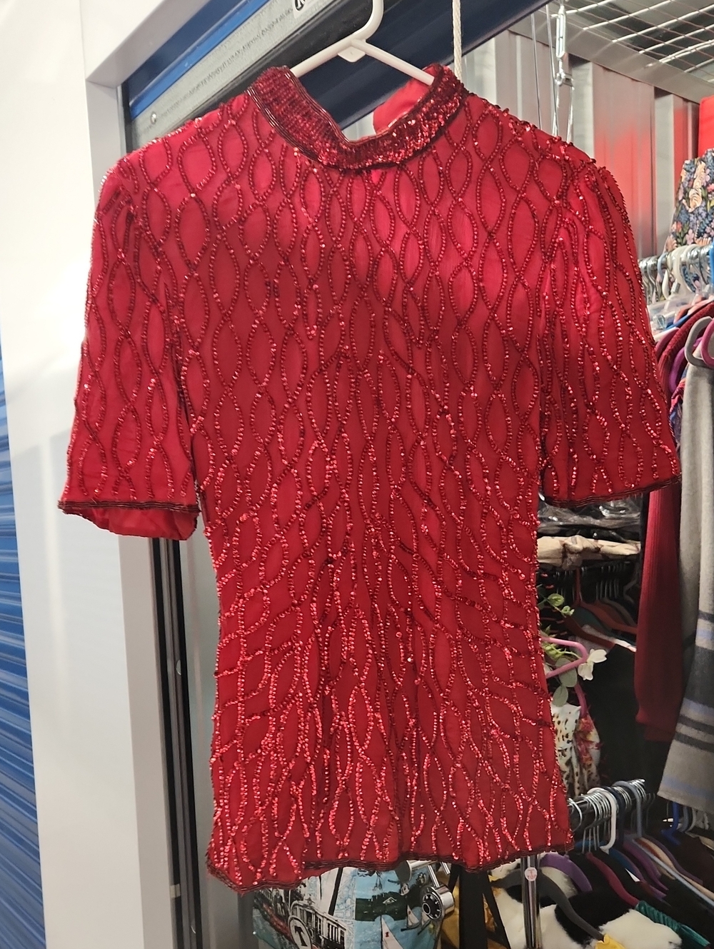 Laurence Kazar Red Sequins Short-Sleeve Top